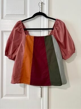 English Factory Rose Multi-Stripe Puff-Sleeve Square-Neck Off the Shoulder Top